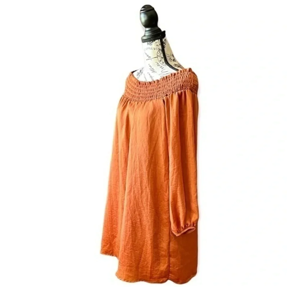 Nasty Gal Rust Orange Off Shoulder Mini Dress Long Sleeve Smocked Boho S Festive - Picture 4 of 11